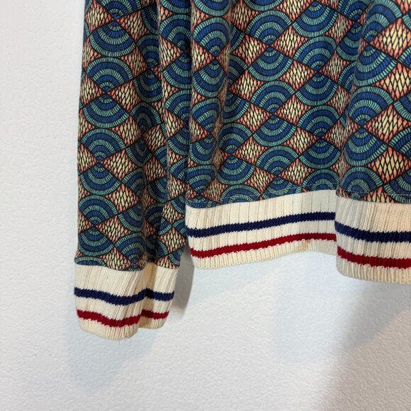 Zara Sweater Blue Red Geometric Print Striped Cuffs Cotton XL - Picture 5 of 10